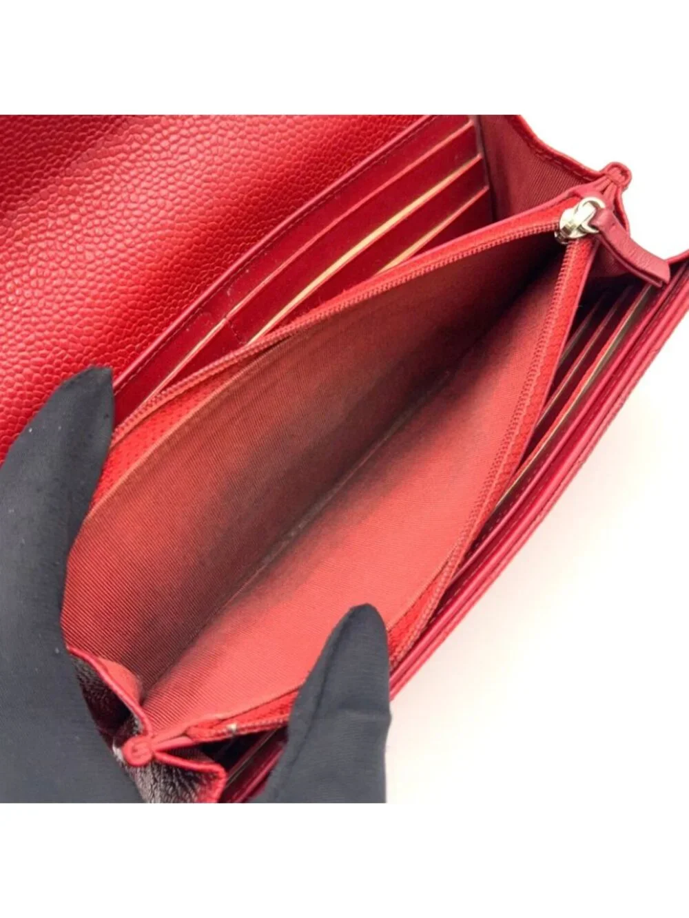 Chanel Quilted Caviar Leather Red Wallet Silver